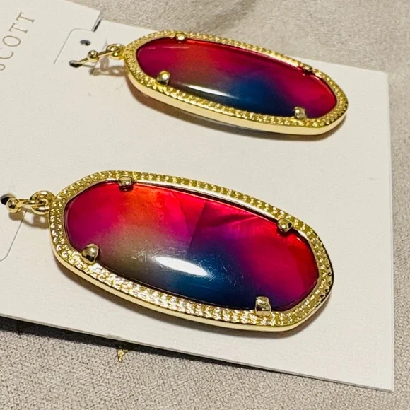 NWT [Kendra Scott] Elle Watercolor Illusion Iridescent Gold Frame Drop Earrings - Picture 4 of 8